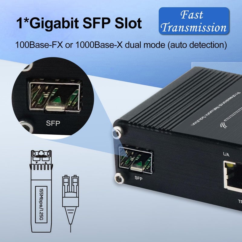 Lcantve محول وسائط الألياف إلى إيثرنت الصناعي Mini 1.25G SFP يدعم تركيب على سكة DIN، 1x 100/1000Base-X فتحات SFP إلى 2X 10/100/1000Base-T RJ45 محول ألياف 2 منفذ، 12~48V مدخل طاقة DC - Image 2